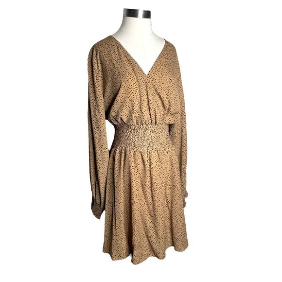 SHEIN Dresses & Skirts - Shein Curve Long Sleeve V-Neck Dress Smocked Waist Tan W/Black Spots Size 1XL